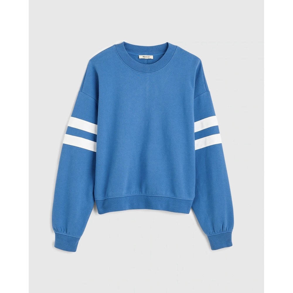 Madewell Sweatshirt Womens XXS Blue Varsity Stripe Sleeve Crew Fleece Pullover